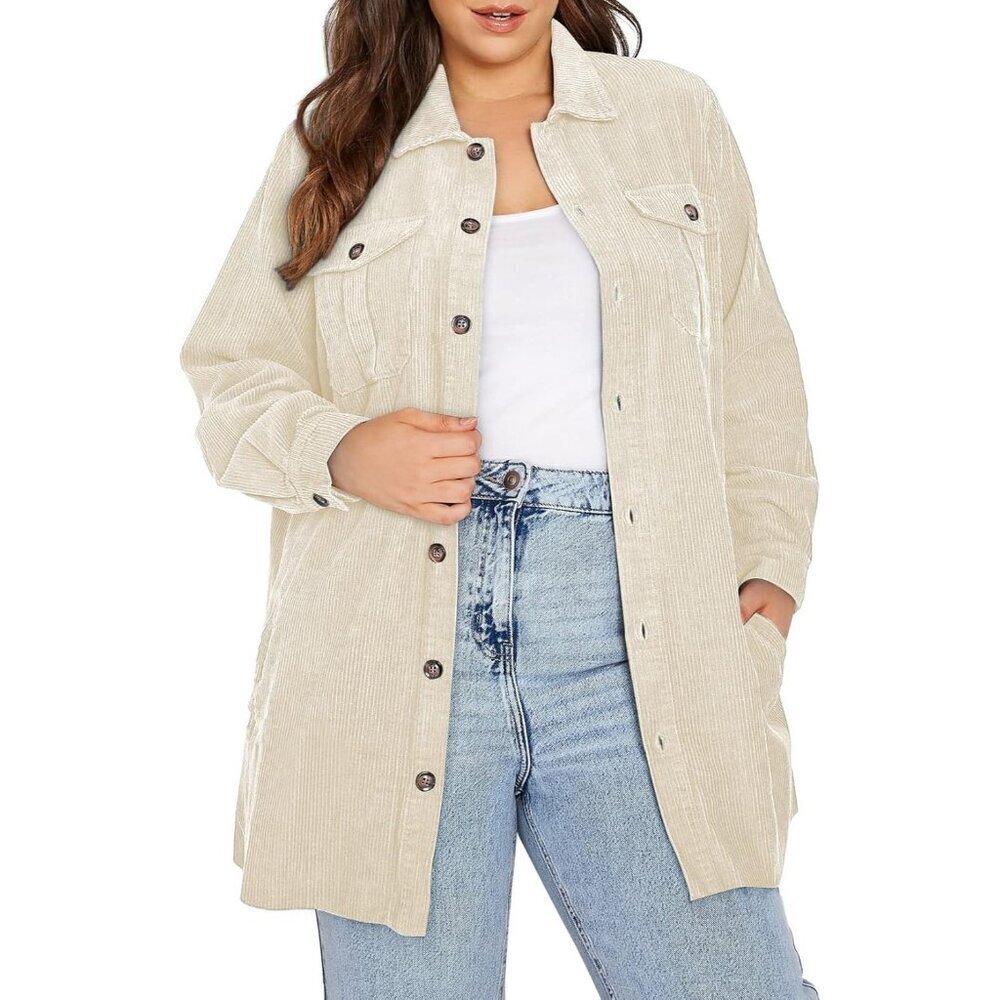 🆕Womens Apricot Plus Size Plaid Shacket Long Sleeve Button Down Casual Jacket